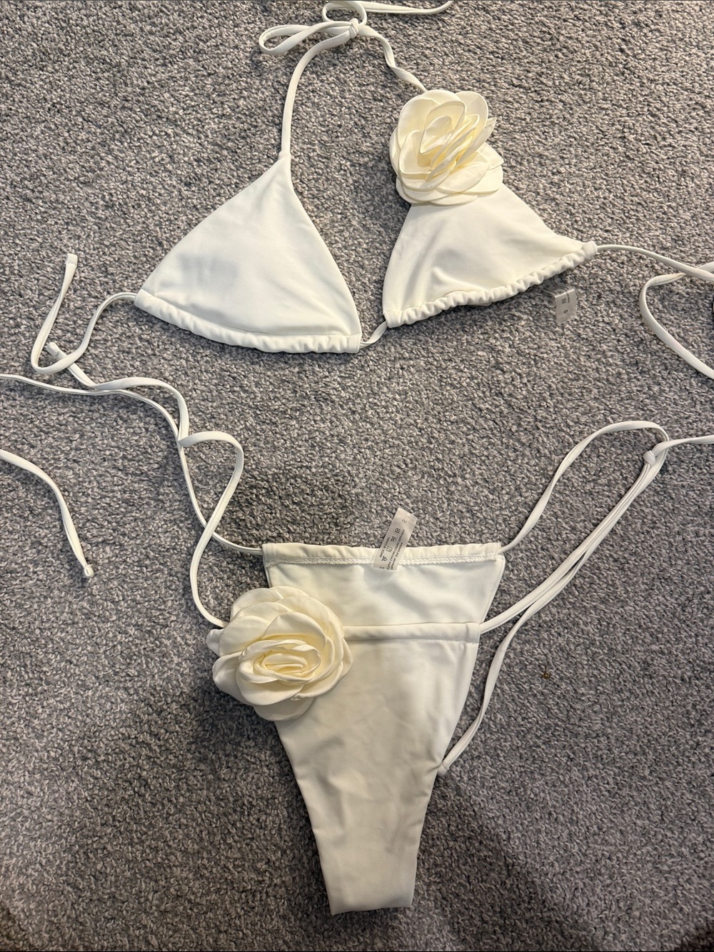 White Floral Accent Triangle Bikini Top and Bottom Set